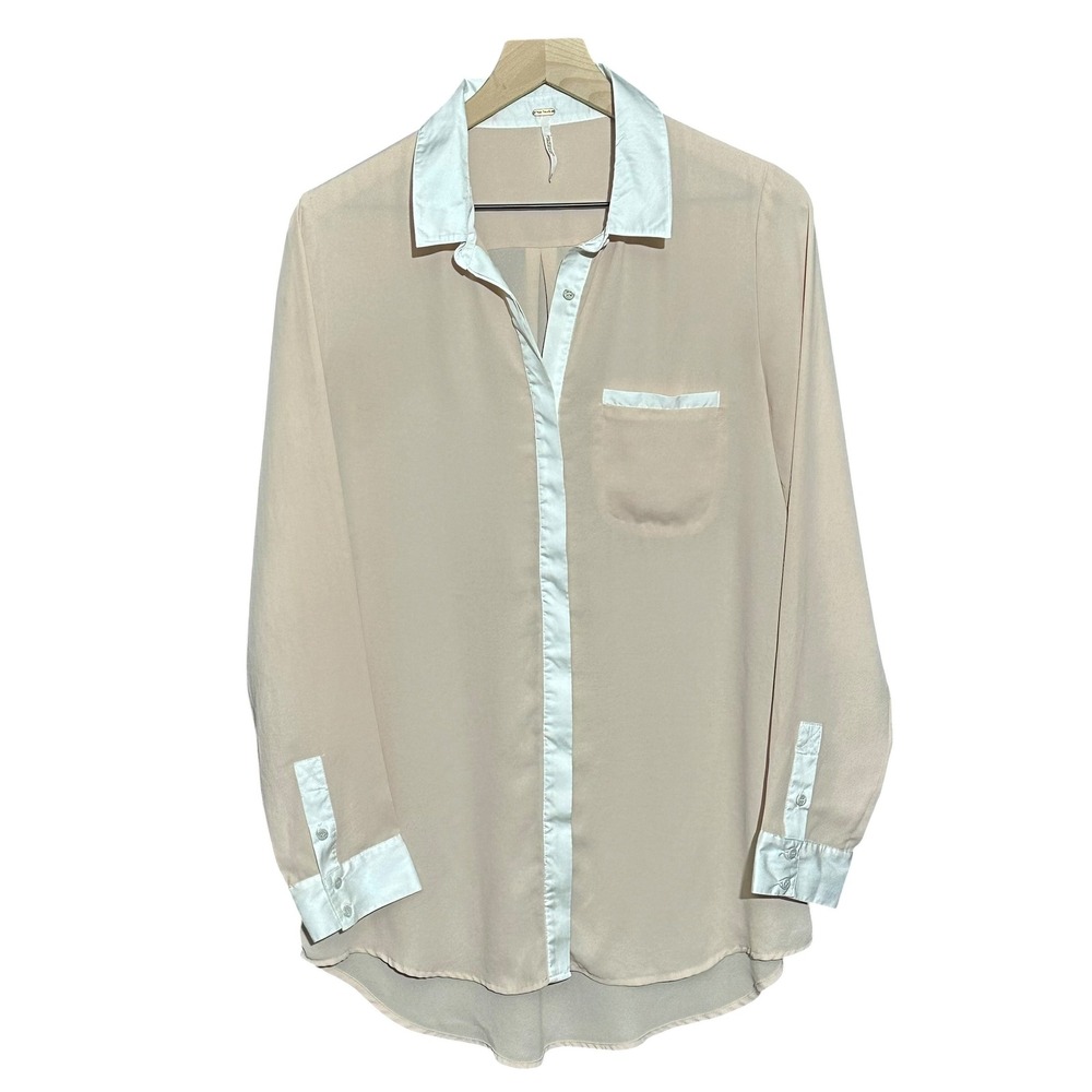 Free People Womens Blush Beige Nude & White Colorblock Button Down Blouse Size M